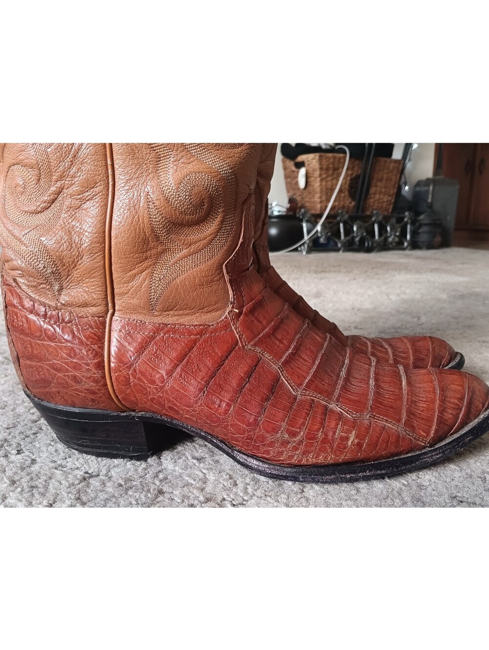 🤎 Tony Lama Cognac Caiman Belly Boots Mens 9.5 Brown Tan Western Cowboy Leather - Picture 4 of 16
